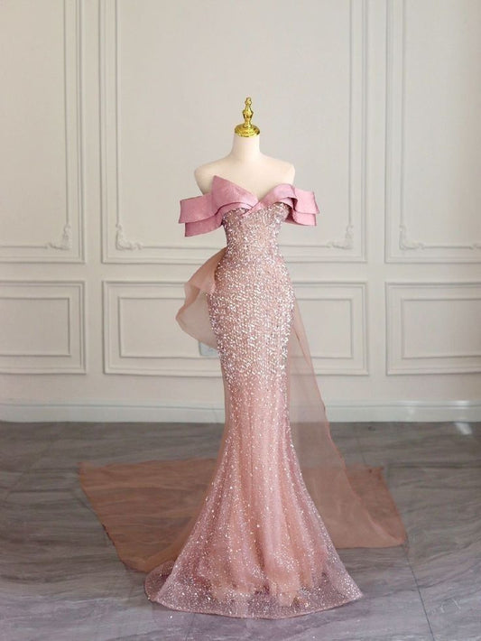 Robe de soirée longue rose à paillettes et épaules dénudées avec jolie sirène et nœud C3445