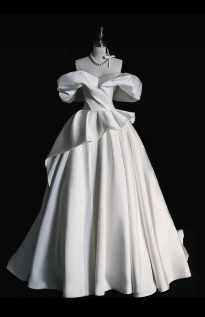 Elegant Ball Gown Off The Shoulder Satin Long White Wedding Dresses CC345