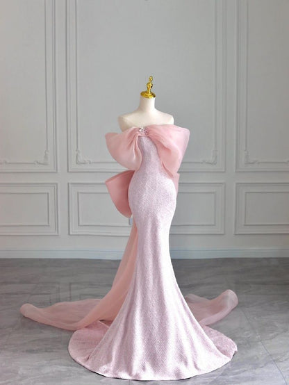 Robe de soirée longue à paillettes rose et bustier style sirène avec nœud C3450