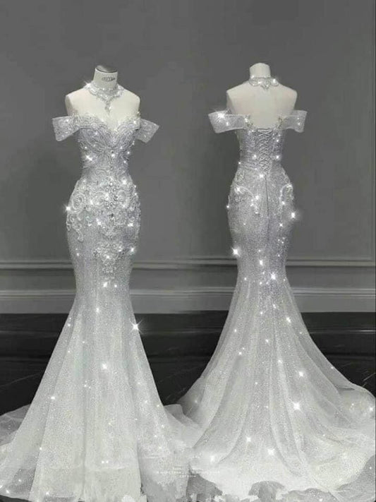 Robe de mariée sirène chic à épaules dénudées et manches courtes en paillettes avec perles C3452