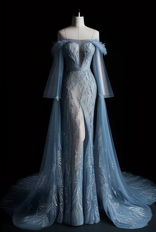 Robe de soirée sirène vintage à épaules dénudées et manches longues en tulle bleu avec dentelle C3457