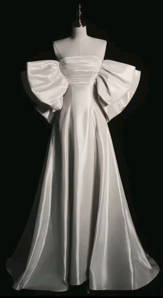 Elegant Ball Gown Strapless Satin Long White Wedding Dresses With Bow CC346