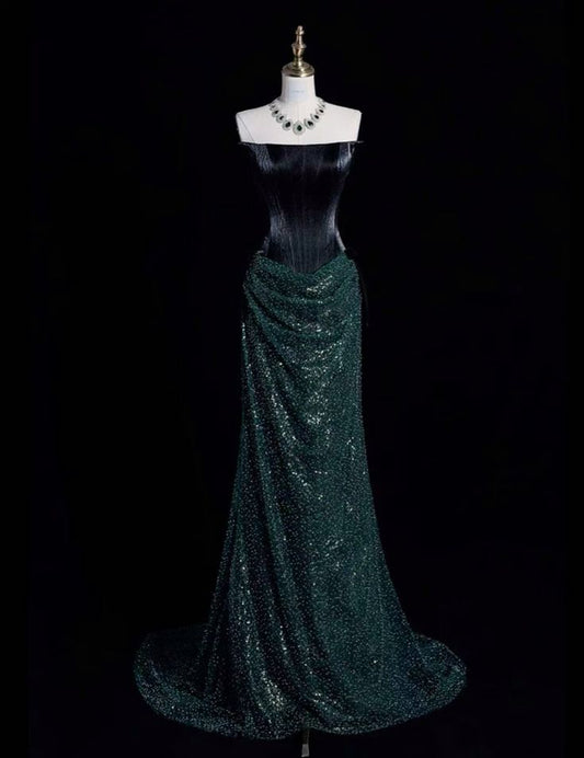 Vintage Mermaid Strapless Sequin Dark Green Long Evening Dress Prom Dresses With Ruched C3460