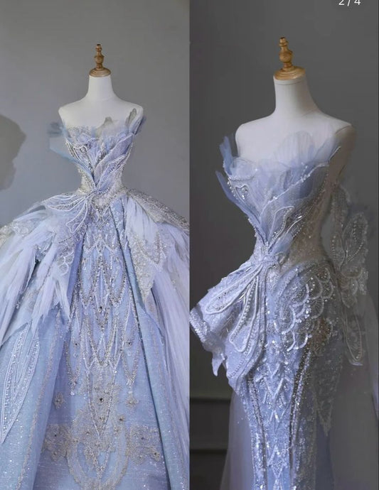 Robe de mariée longue en paillettes bleues sans bretelles avec perles et robe de bal chic C3462