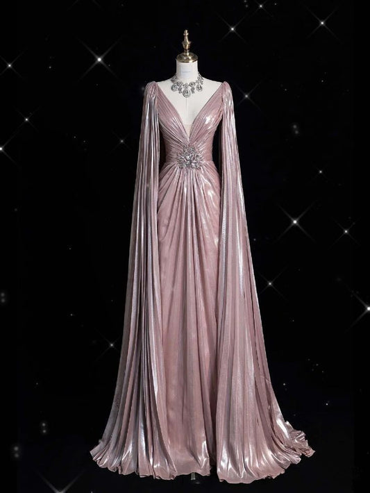 Robe de soirée rose à manches longues et décolleté en V avec paillettes et ligne A C3469