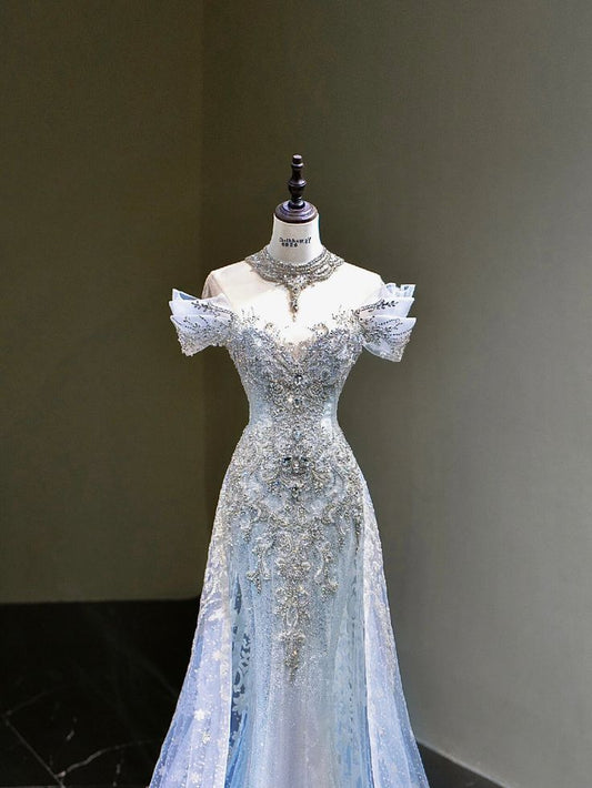 Robe de soirée longue bleue à épaules dénudées et paillettes, robe de bal avec perles, C3471