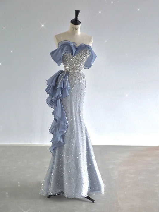 Robe de soirée longue bleue à épaules dénudées et paillettes, robe de bal à volants, C3472