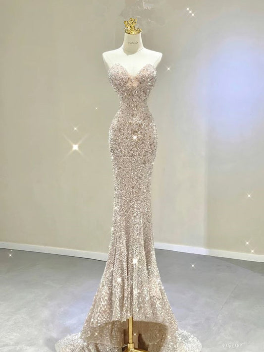 Robe de soirée longue en paillettes à col en cœur et à sirène, couleur champagne, robe de bal C3481