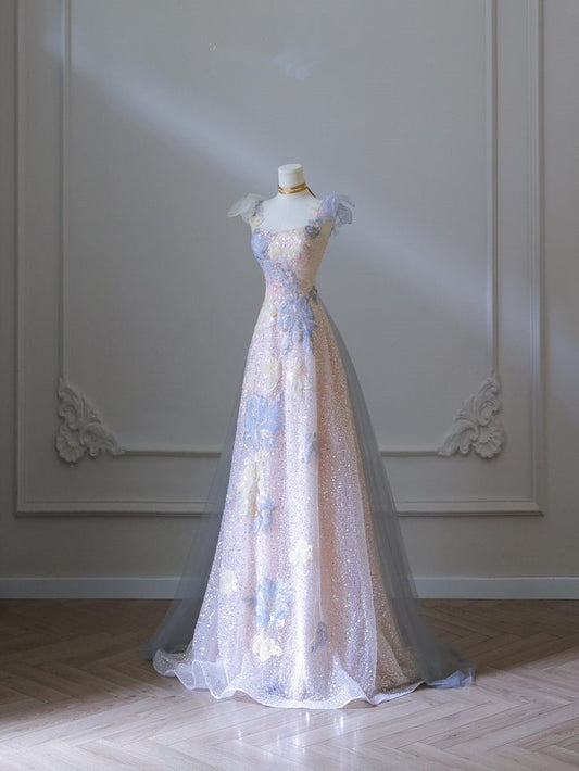 Robe de bal longue sans manches à bretelles en paillettes rose élégante C3484