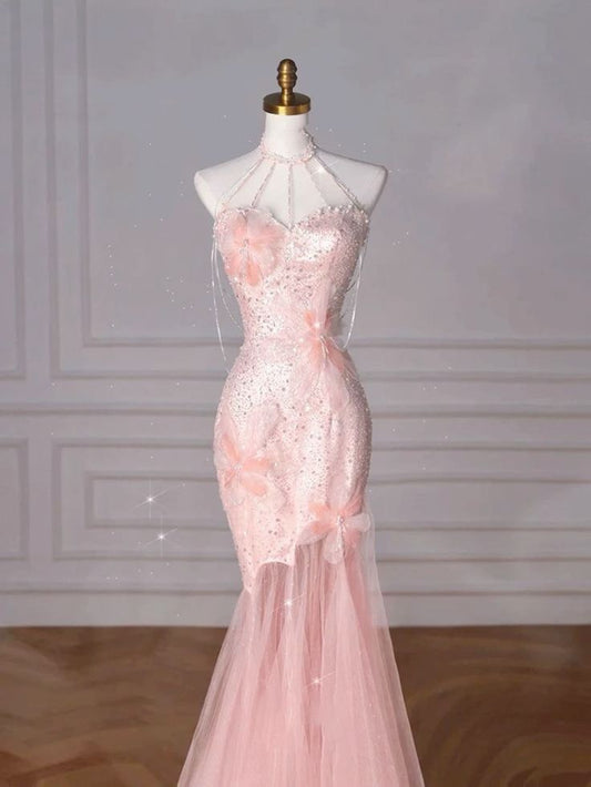 Robe de bal longue sans manches à sequins rose et à col en cœur avec une élégante sirène C3486