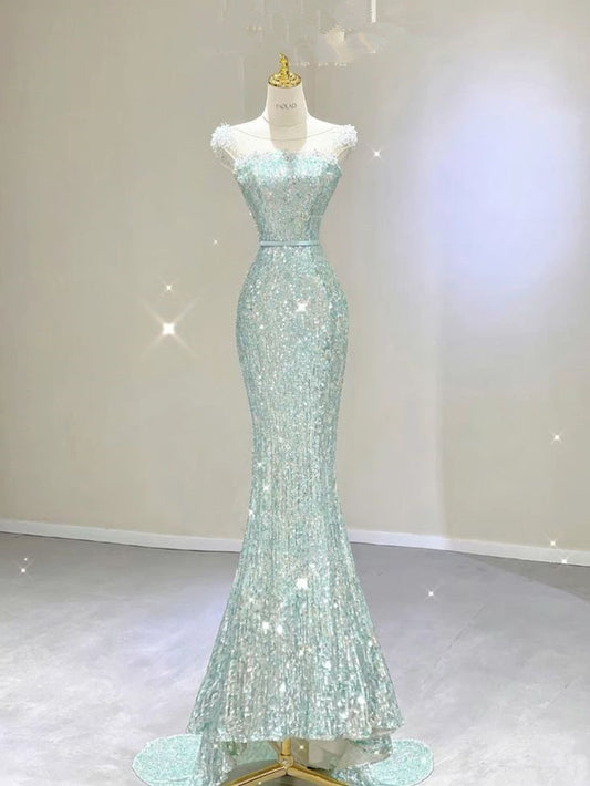 Robe de bal longue élégante sans bretelles à paillettes vert menthe C3487