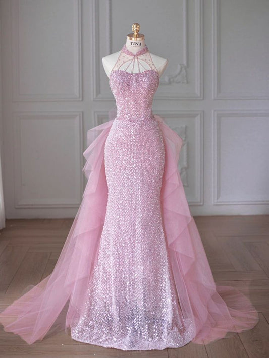 Robe de bal longue sans manches à paillettes rose et à col haut avec sirène élégante C3493