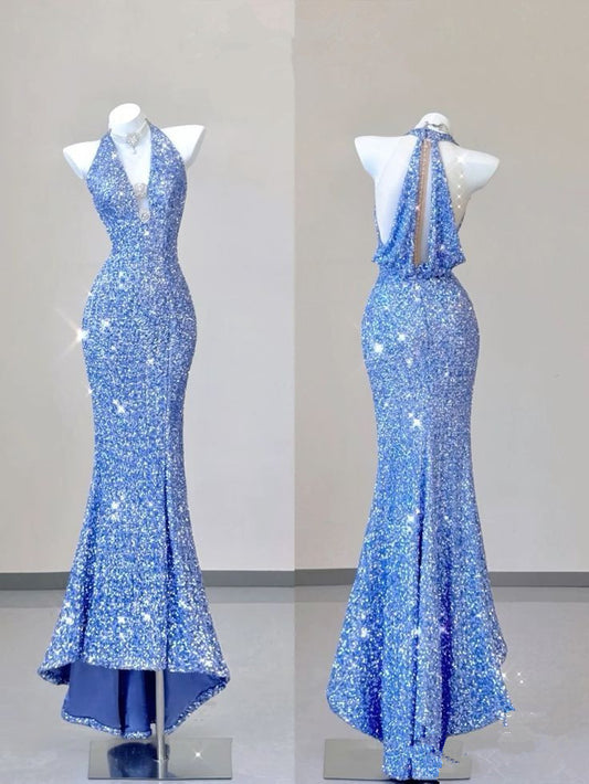 Robe de bal longue élégante à paillettes et décolleté en V et sirène, sans manches, bleue, C3495