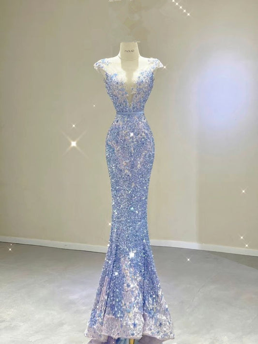 Robe de soirée longue à paillettes et décolleté plongeant en sirène bleue élégante C3499