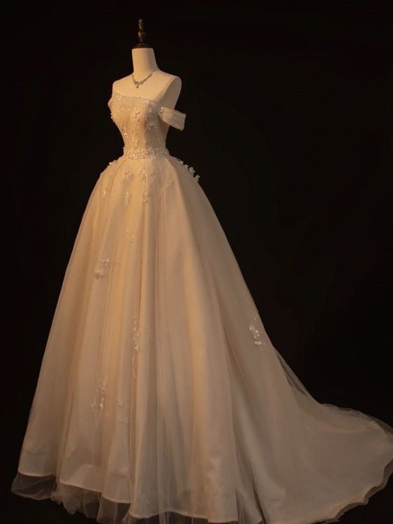 Robe de bal longue en tulle champagne, élégante, ligne a, épaules dénudées, CC349