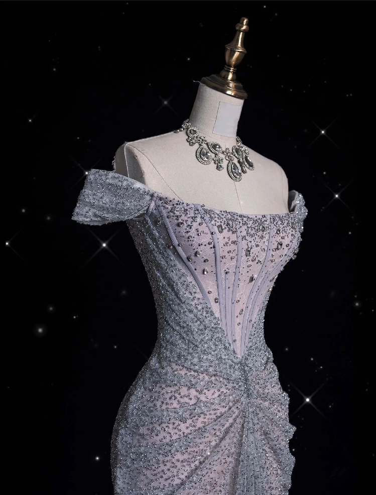 Robe de soirée élégante à paillettes argentées et épaules dénudées, style sirène, longue, robe de bal, C3500