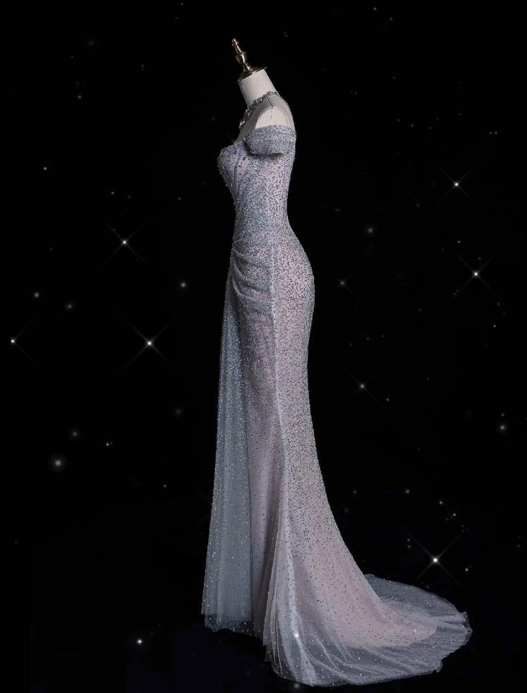 Robe de soirée élégante à paillettes argentées et épaules dénudées, style sirène, longue, robe de bal, C3500