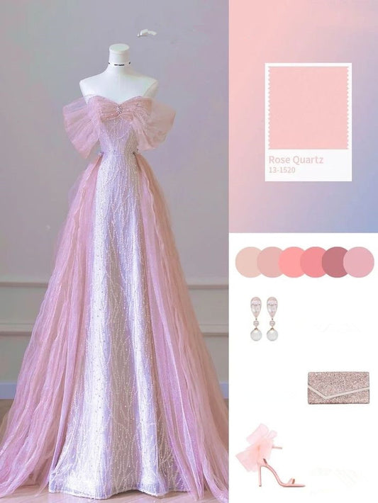 Robe de soirée élégante à paillettes roses à épaules dénudées et longue robe de bal avec manches C3504