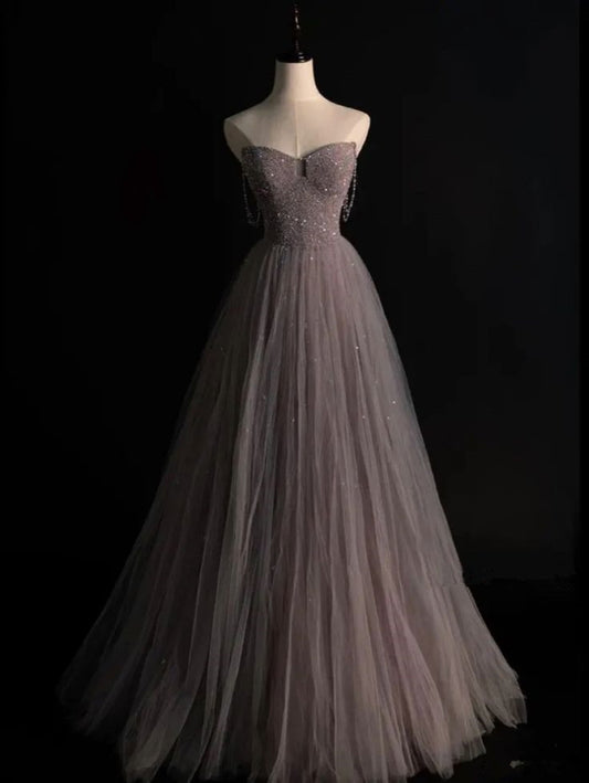 Robe de soirée longue élégante en tulle à bretelles spaghetti et ligne A avec perles C3506