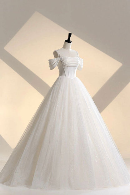 Elegant Ball Gown Strapless White Long Tulle Wedding Dresses With Beads CC351