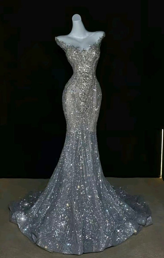 Robe de soirée élégante à paillettes argentées et décolleté plongeant en forme de sirène, robe longue de bal C3510