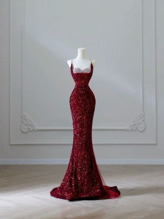 Robe de soirée élégante à bretelles spaghetti et paillettes bordeaux, robe de bal longue avec perles, C3513