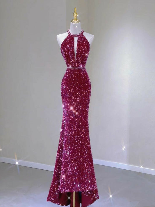 Robe de soirée longue à paillettes rose vif avec décolleté en V et perles C3515