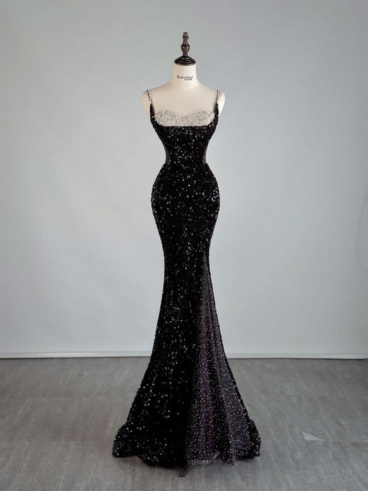 Elegant Mermaid Spaghetti Straps Black Sequin Long Prom Dresses Party Dress With Beads C3518