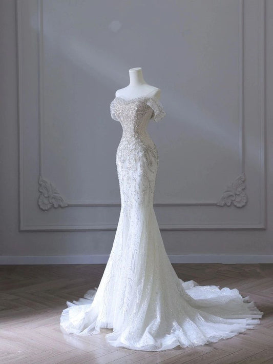 Robe de mariée sirène élégante en Tulle blanc, épaules dénudées, longue avec perles, CC352