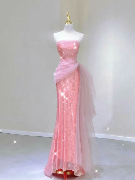 Elegant Mermaid Strapless Pink Tulle Long Prom Dresses Party Dresses C3521