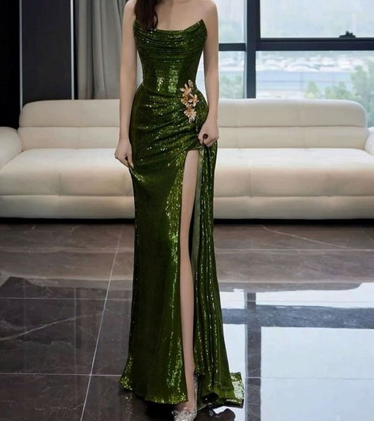 Elegant Mermaid Strapless Dark Green Sequin Slit Long Prom Dresses Party Dresses C3524