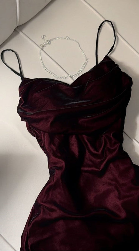 Elegant A Line Straps Burgundy Satin Long Prom Dresses Party Dresses C3529