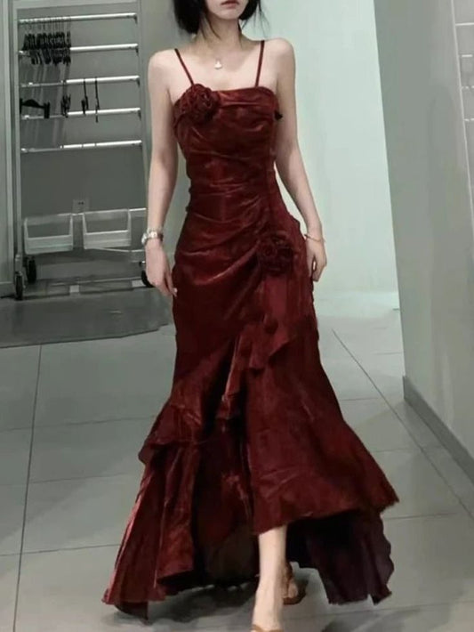 Elegant Mermaid Spaghetti Straps Burgundy Long Prom Dresses Party Dresses C3530