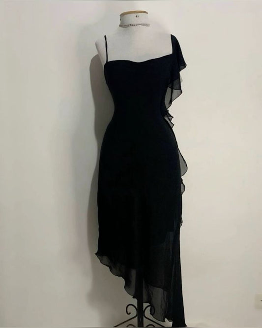 Robe de bal élégante en mousseline noire à bretelles hautes et basses, tenue d'anniversaire C3544