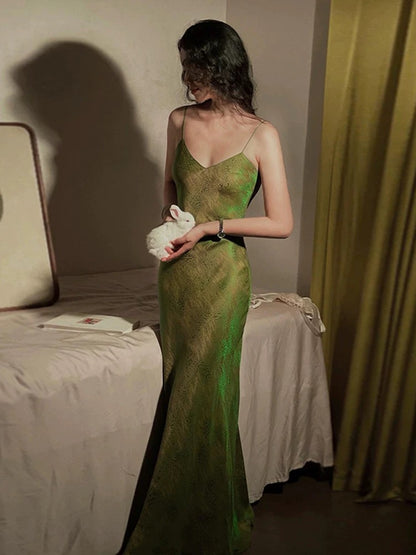 Robe de soirée longue verte élégante à bretelles spaghetti et sirène, tenue d'anniversaire C3549