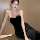 Elegant Mermaid Strapless Black Velvet Long Length Prom Dresses Birthday Outfits C3550