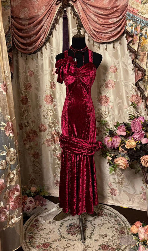 Robe de soirée longue en velours bordeaux à bretelles sirène élégante, tenue d'anniversaire C3552