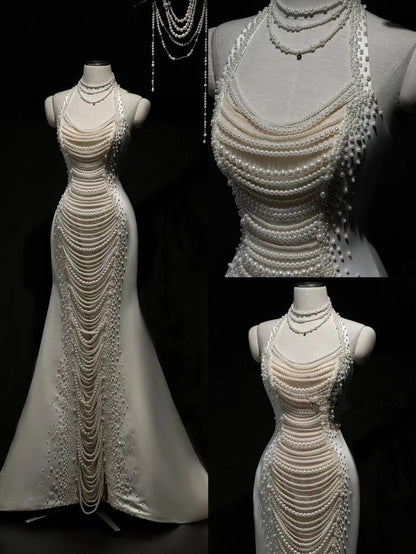 Robe de mariée sirène de conte de fées sans manches avec bretelles scintillantes et perles C3555