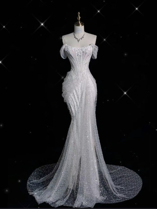 Robe de mariée sirène élégante, épaules dénudées, paillettes, longue, blanche, CC356