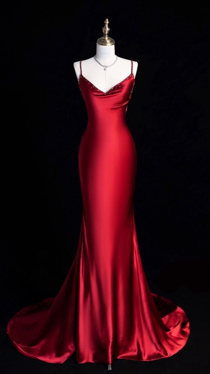 Robe de soirée longue en satin rouge à bretelles spaghetti style sirène vintage, tenue d'anniversaire C3560