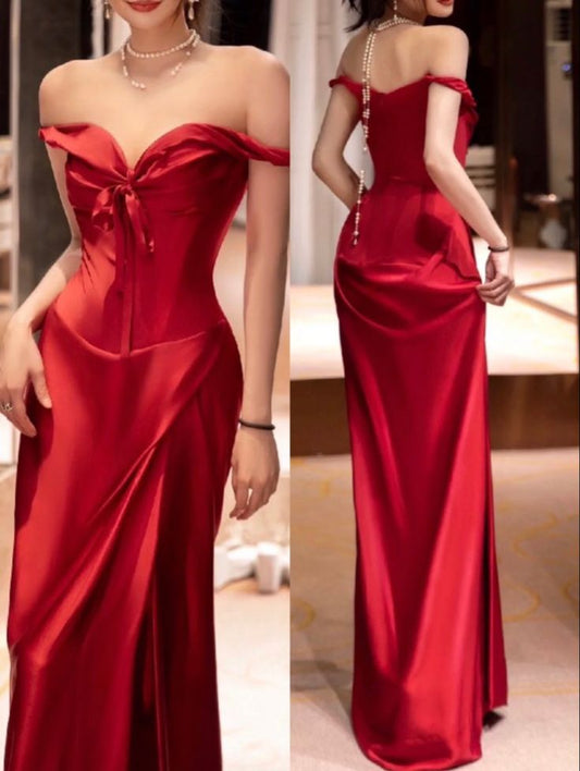 Robe de soirée longue en satin rouge à épaules dénudées vintage, tenue d'anniversaire C3564