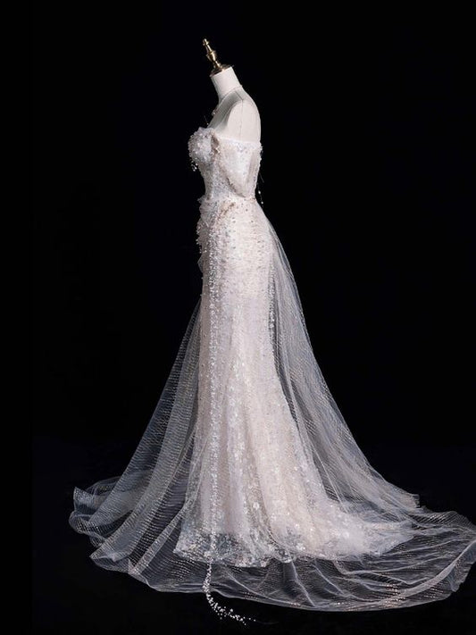 Robe de mariée sirène élégante, épaules dénudées, paillettes, perles, longues, blanches, CC357