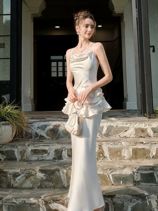 Elegant Mermaid Spaghetti Straps White Ruffles Prom Dresses Party Dresses C3573