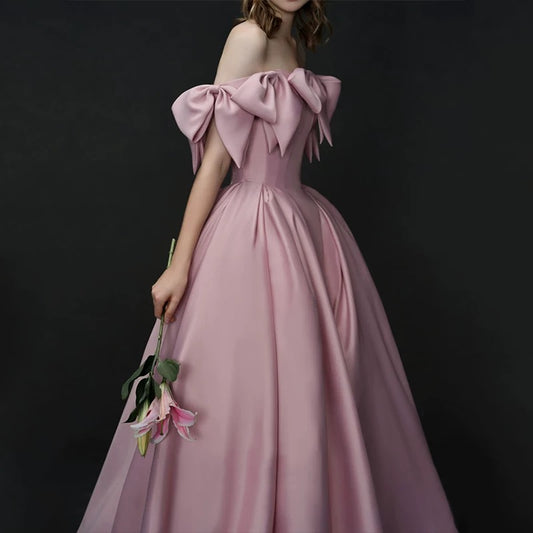 Elegant A line Off The Shoulder Satin Pink Evening Dress Long Prom Dresses C3574