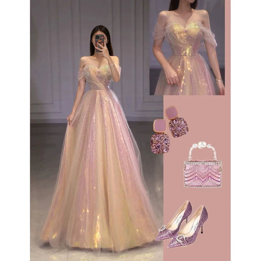 Elegant A line Off The Shoulder Sequin Pink Evening Dress Long Prom Dresses C3578