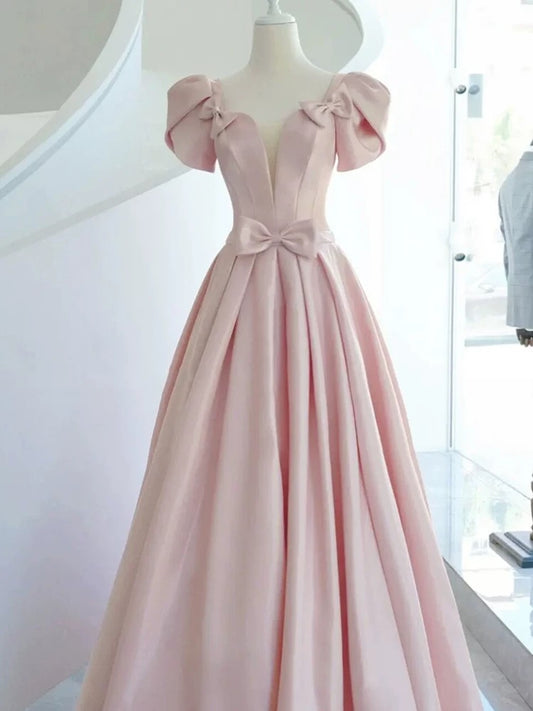 Elegant A line Square Neckline Satin Short Sleeves Pink Evening Dress Long Prom Dresses C3579