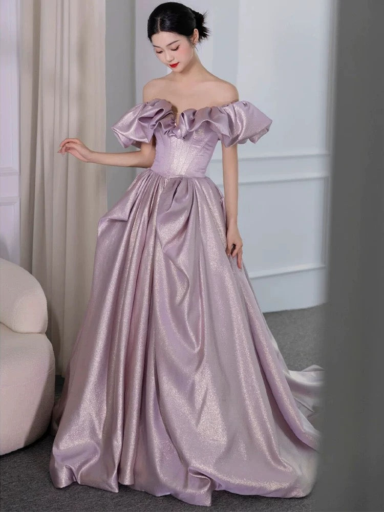 Elegant Ball Gown Off The Shoulder Lilac Short Sleeves Evening Dress Long Prom Dresses C3581