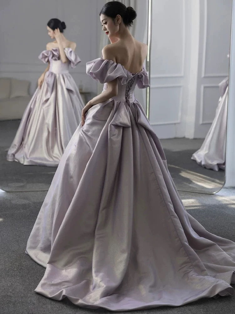 Elegant Ball Gown Off The Shoulder Lilac Short Sleeves Evening Dress Long Prom Dresses C3581