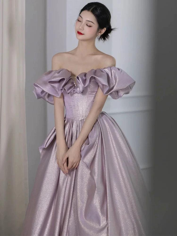 Elegant Ball Gown Off The Shoulder Lilac Short Sleeves Evening Dress Long Prom Dresses C3581