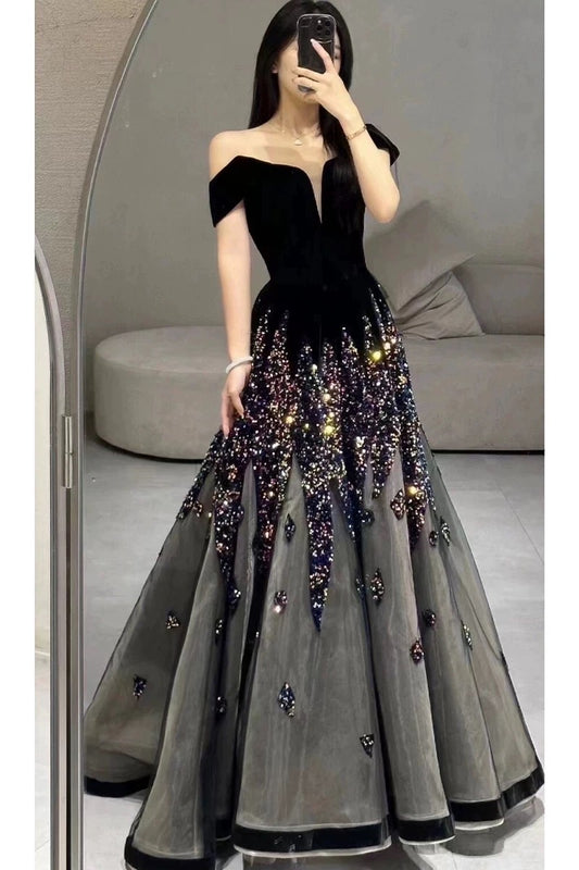 Elegant Ball Gown Off The Shoulder Black Short Sleeves Sequin Evening Dress Long Prom Dresses C3584